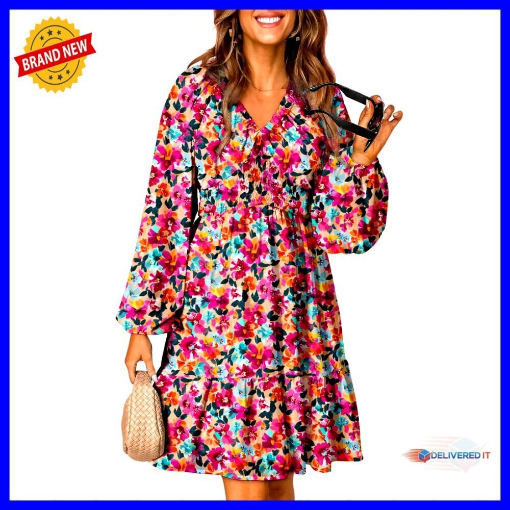 Boho Floral Mini Dress Long Sleeve Smocked Waist A-Line Casual Elegant